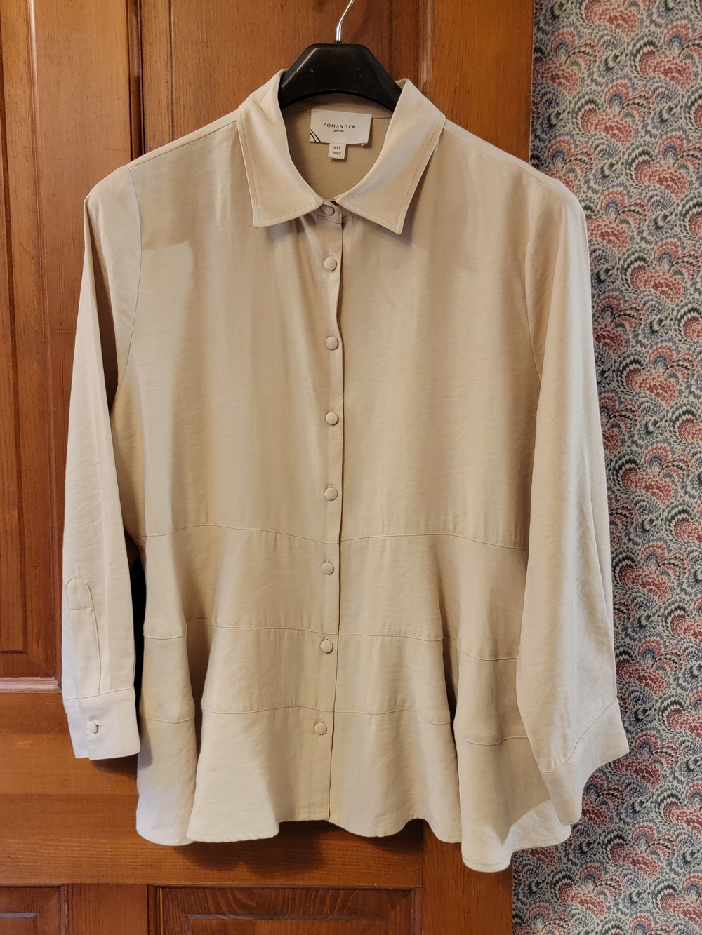 Pomander Place Ashlen Blouse XXL Tan Ivory Tiered Peplum Button Down Shirt